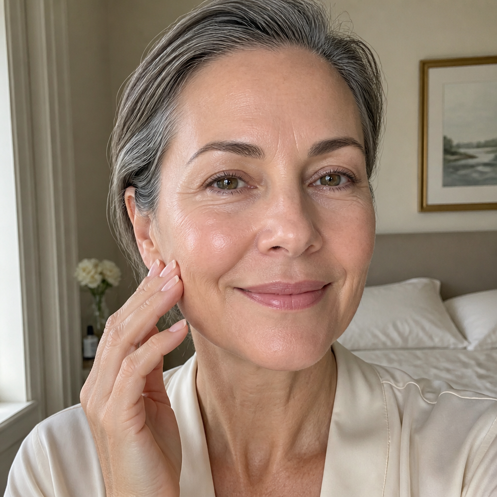 Woman with glowing mature skin holding SeoulGlow retinAL set