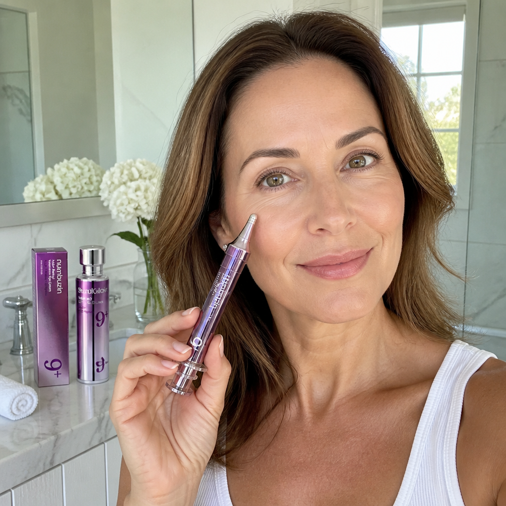 Woman with bright rested under-eyes holding the SeoulGlow pen applicator