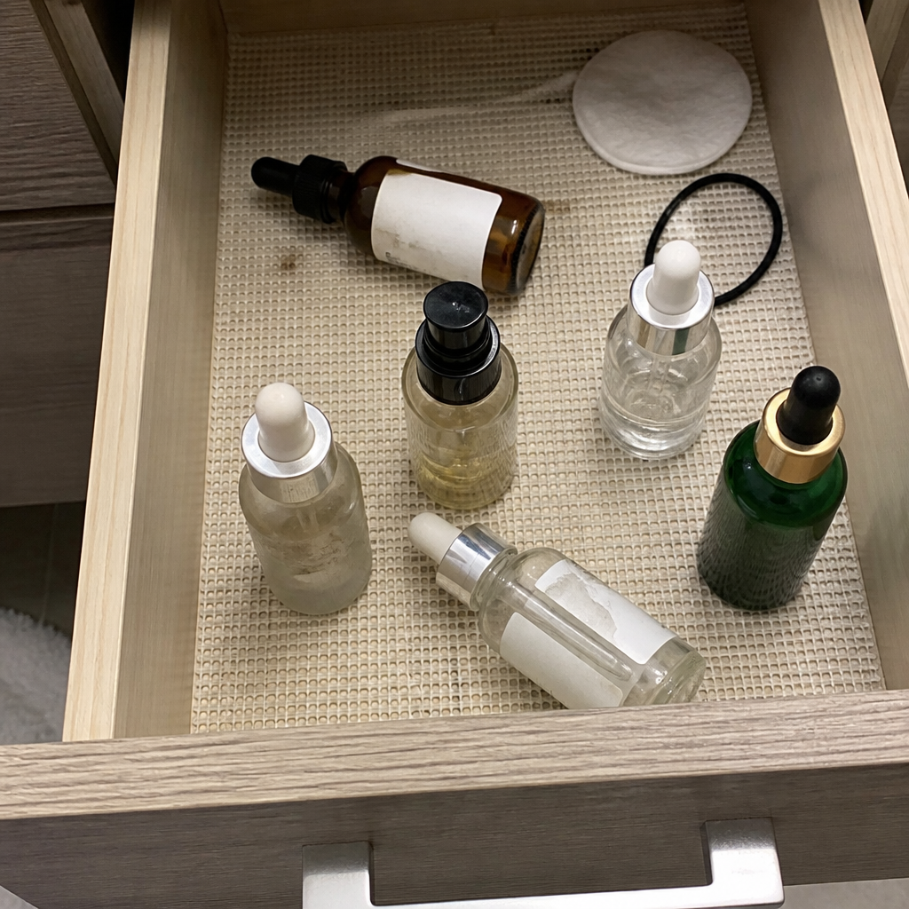 A bathroom drawer full of half-used skincare serums