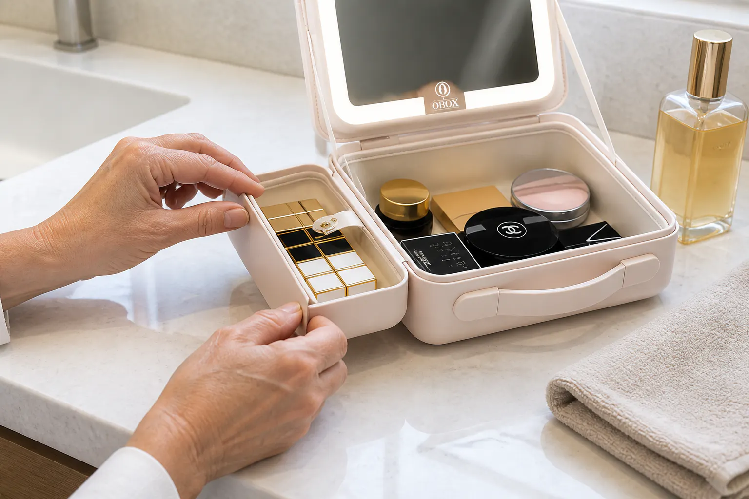 Pull-out drawers stuffed full with cosmetics