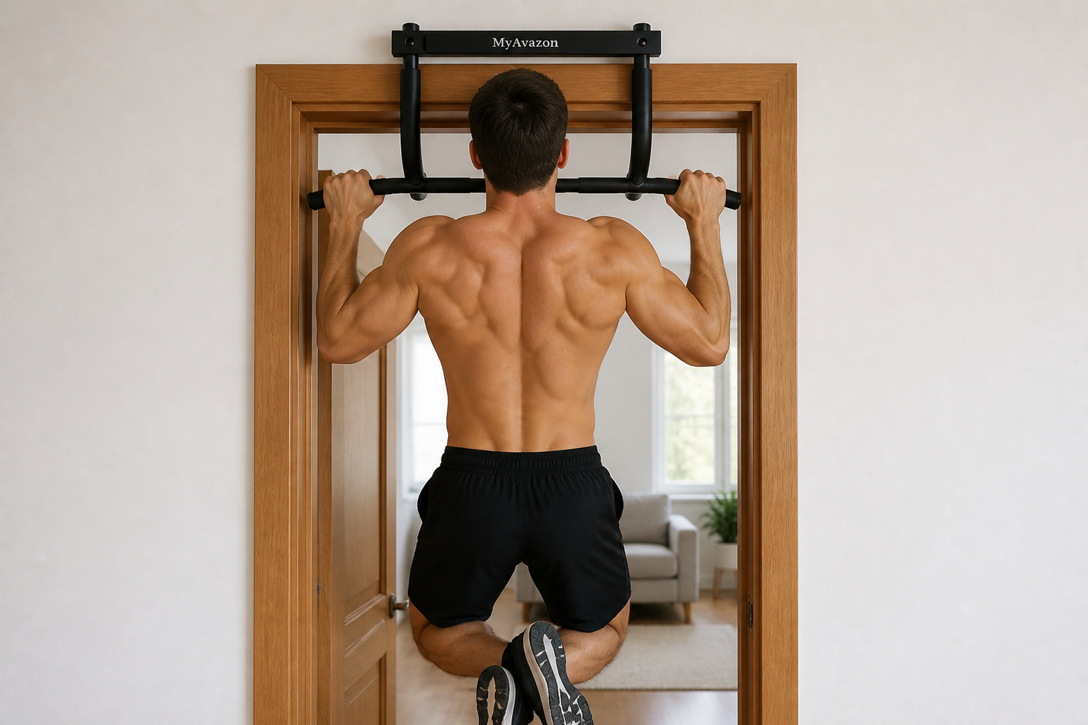 Person doing a pull-up on the doorway bar