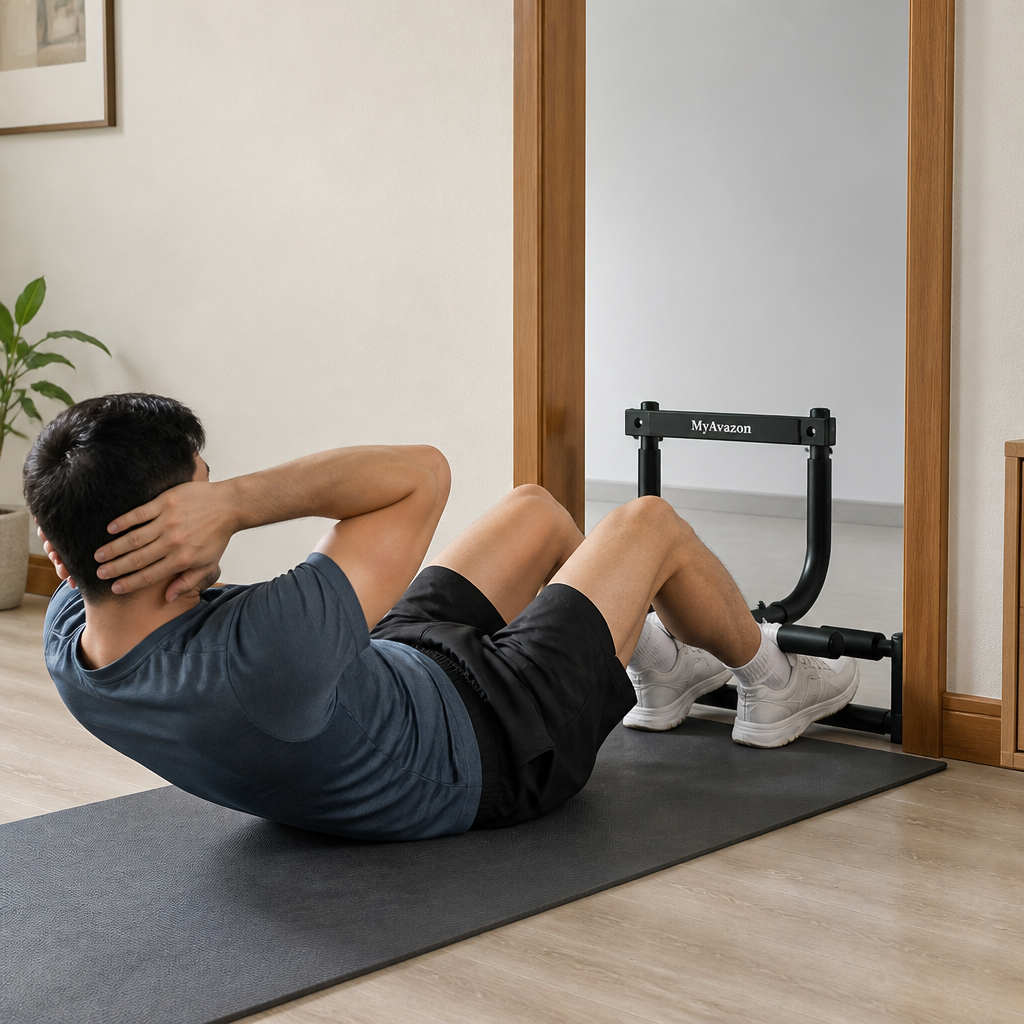 Person doing a pull-up on the doorway bar