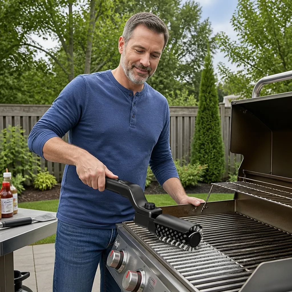 Cordless electric grill brush cleaning a grill grate