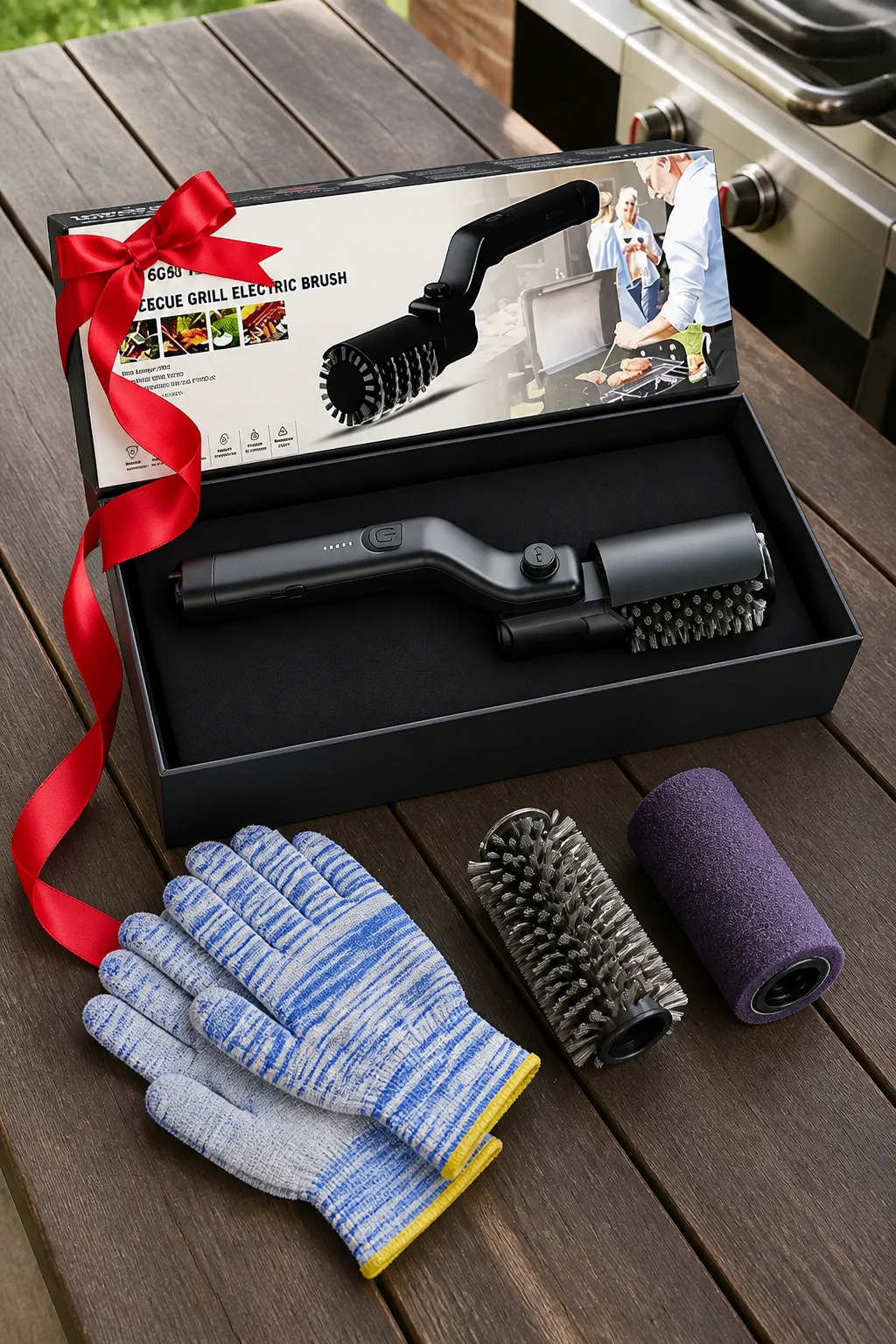 Grill brush gift kit open in a ribbon box with heat gloves and replacement rollers