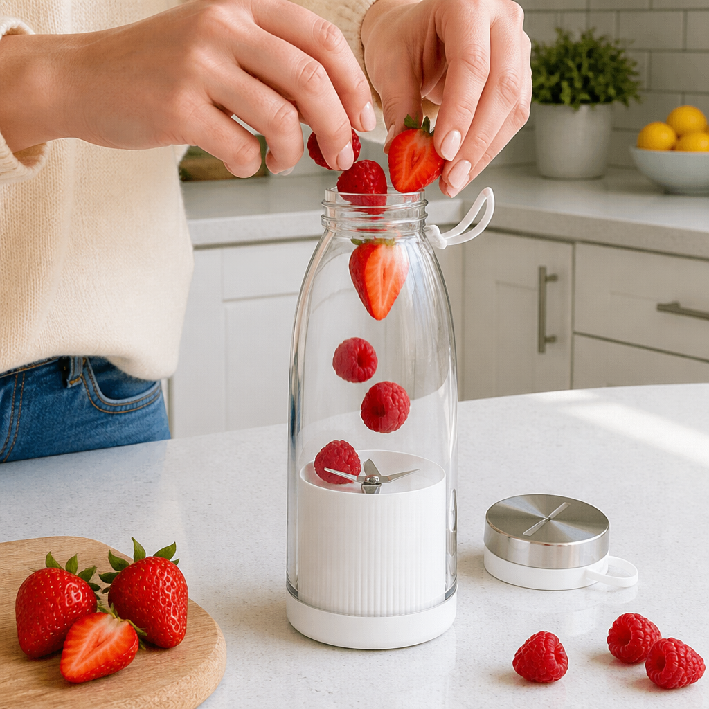 Adding fresh fruit and greens to the blender cup
