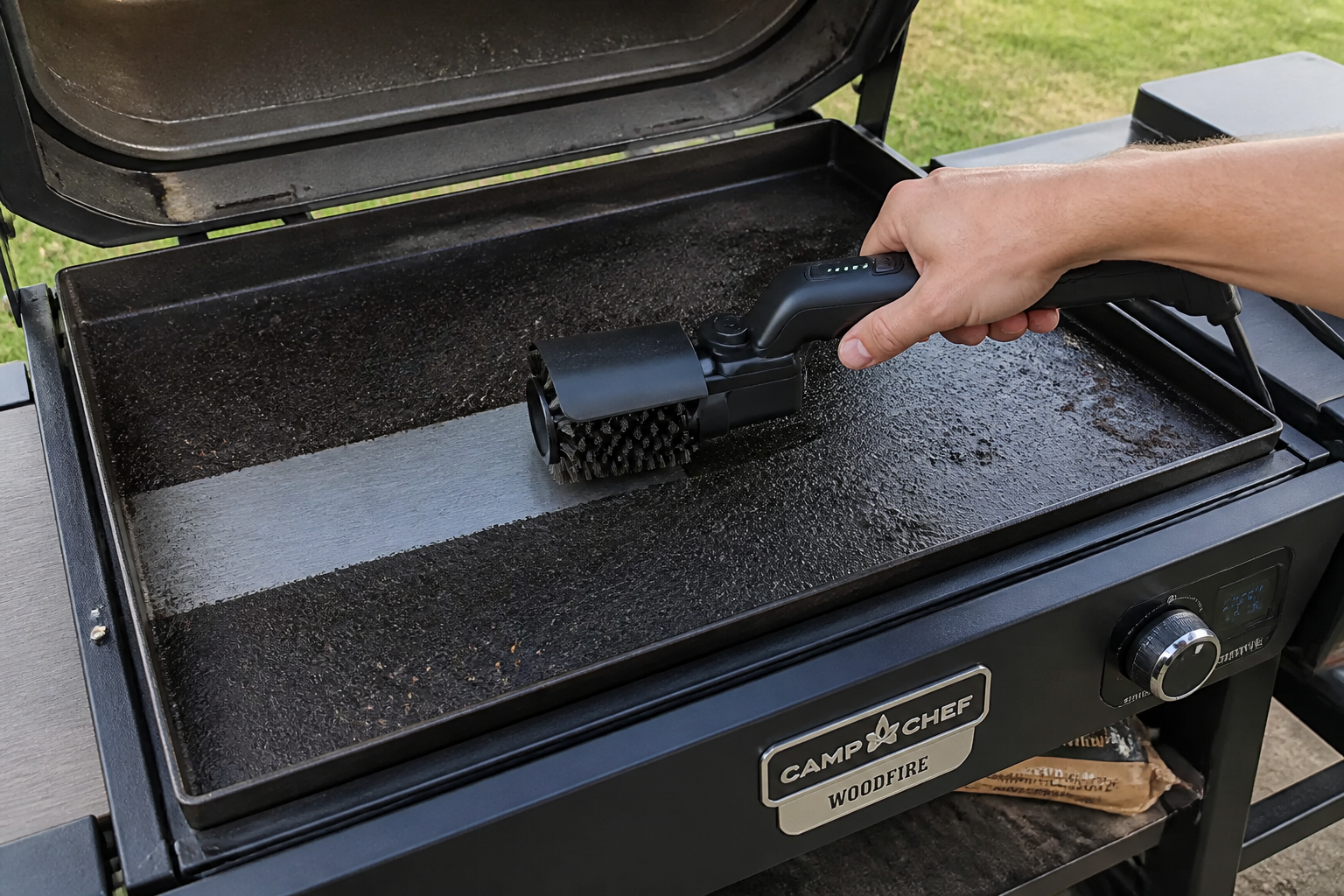 Electric grill brush cleaning a flat-top griddle surface