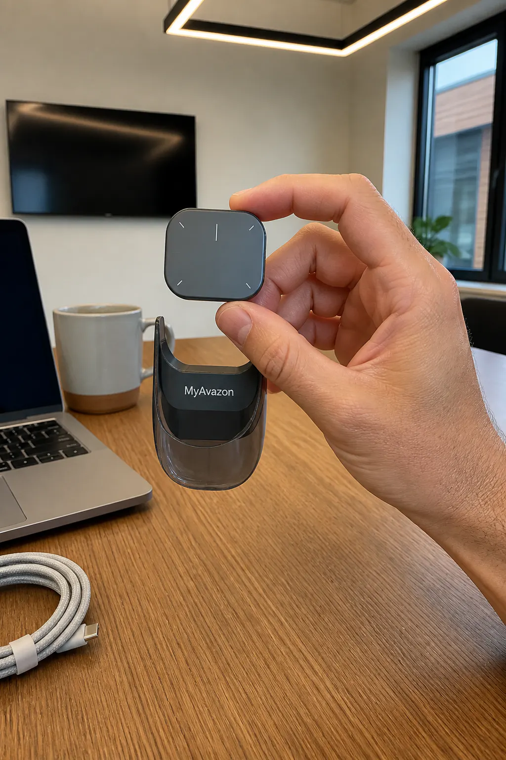 MyAvazon module detaching from its curved desk base, held toward a room