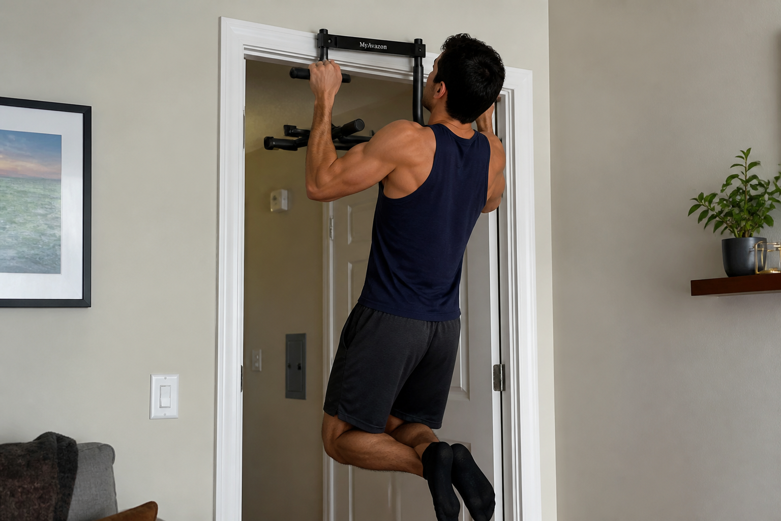 Person doing a quick pull-up set at their home doorway