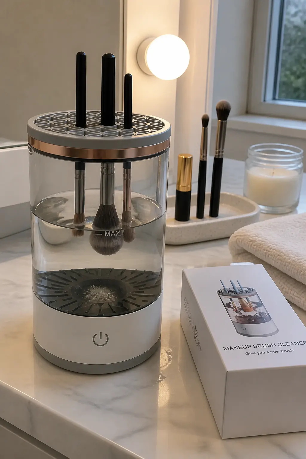 MyAvazon electric makeup brush cleaner on a vanity