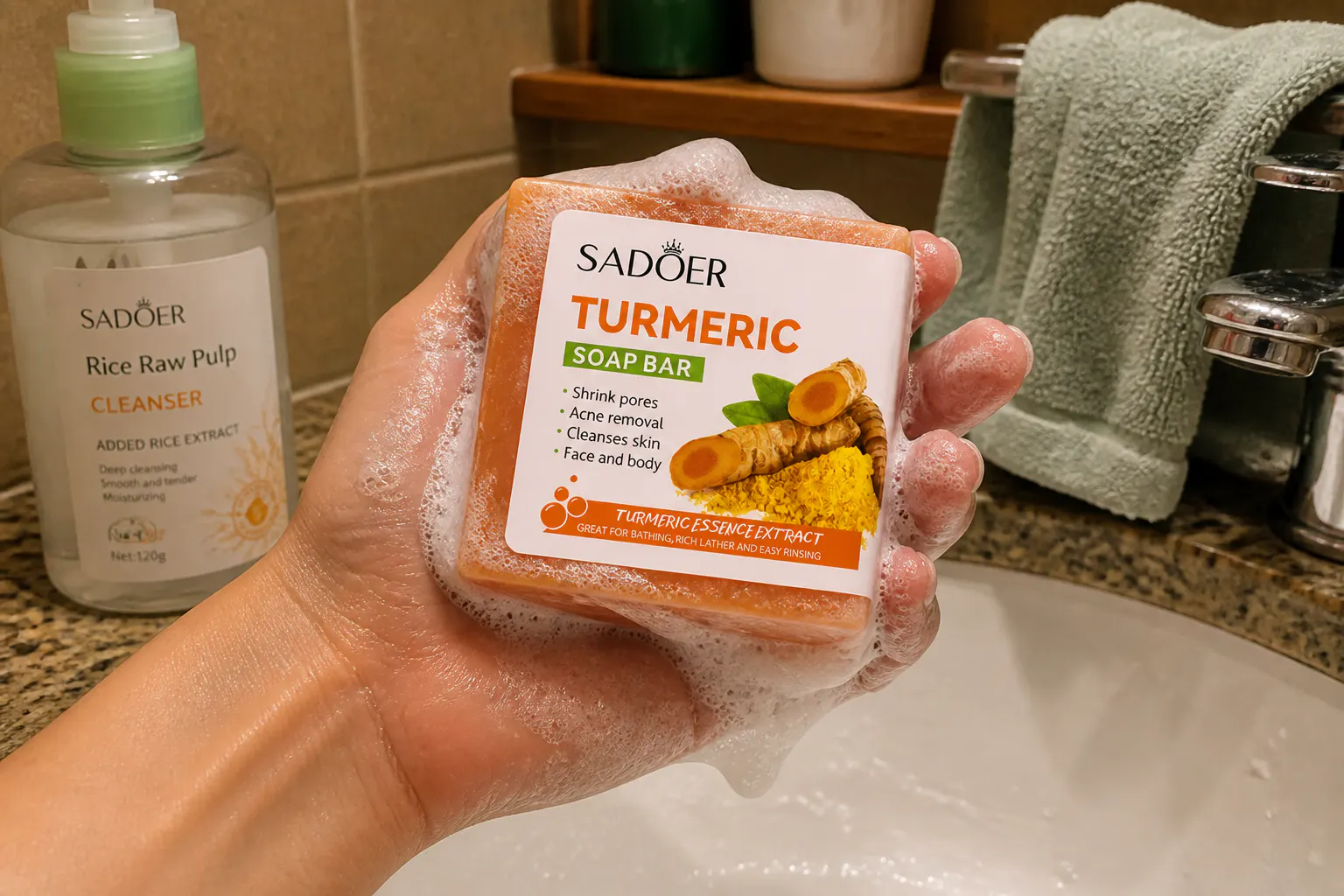 Golden turmeric bar with creamy net lather