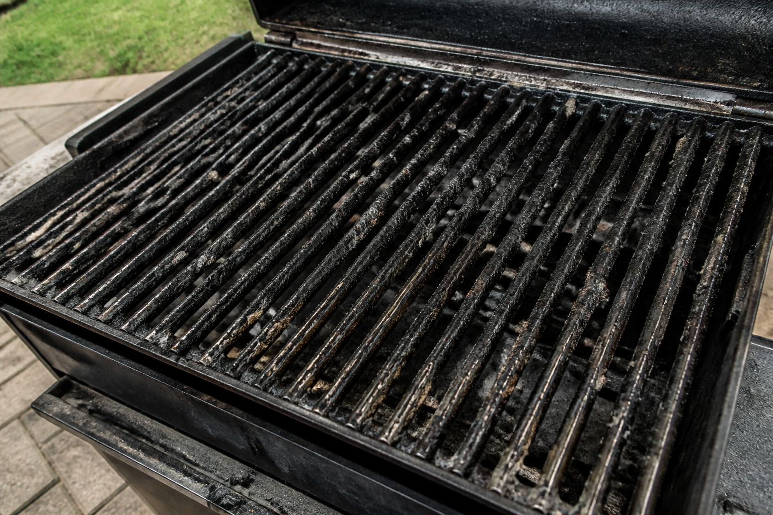 Grill grate caked with black burnt-on grease before cleaning