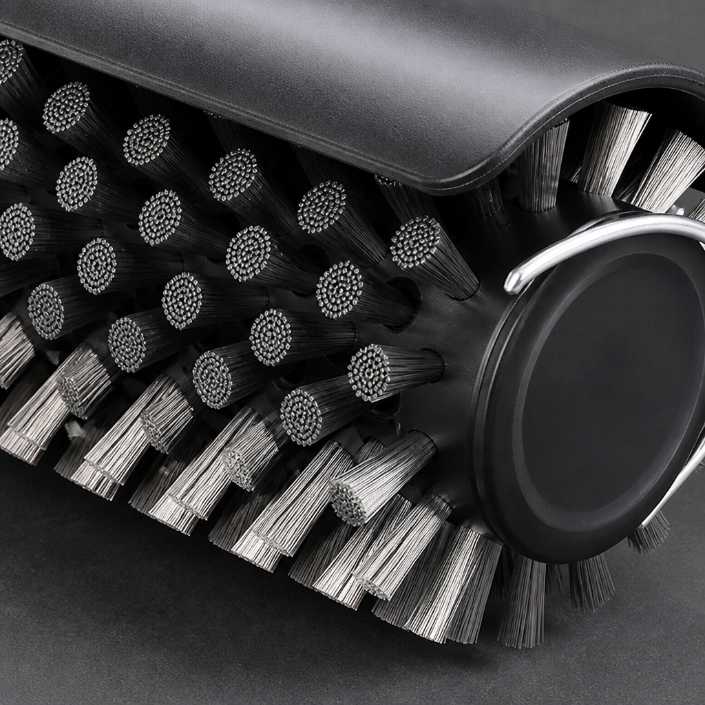 Close-up of the securely fixed 304 stainless bristle roller on the electric grill brush