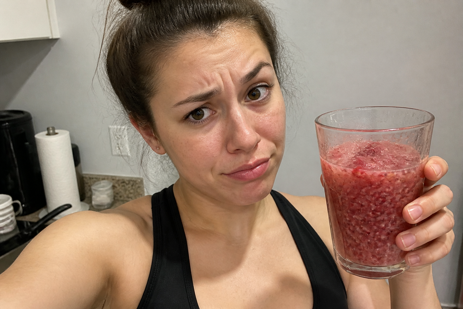 Chunky, half-blended smoothie with visible fruit lumps left in a cheap portable blender cup