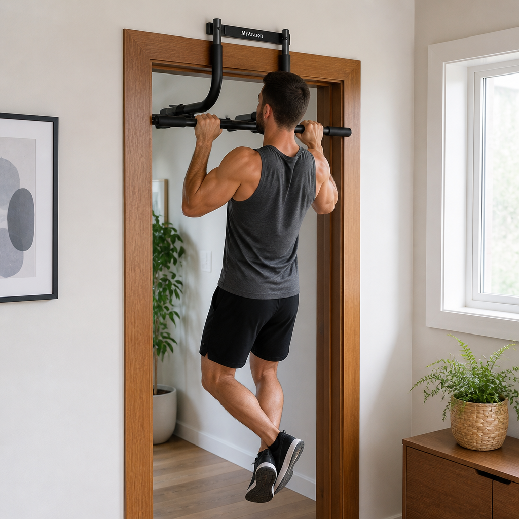 Adult doing a pull-up on the Doorway Pull-Up Bar at home