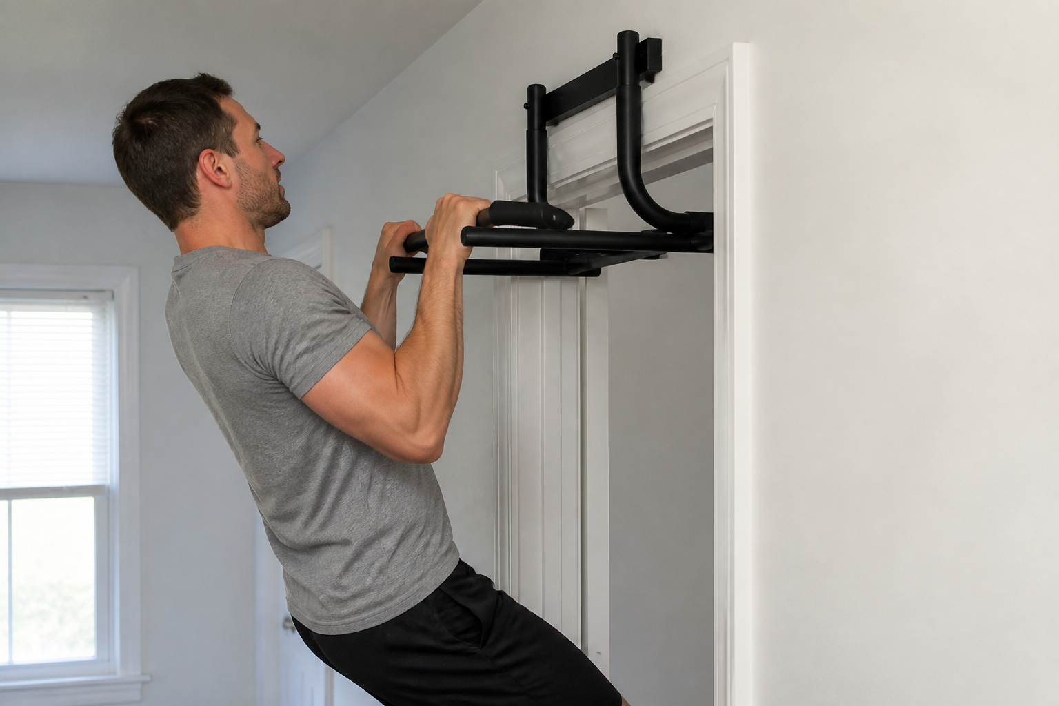 Padded back plate wedged against the wall above a door frame