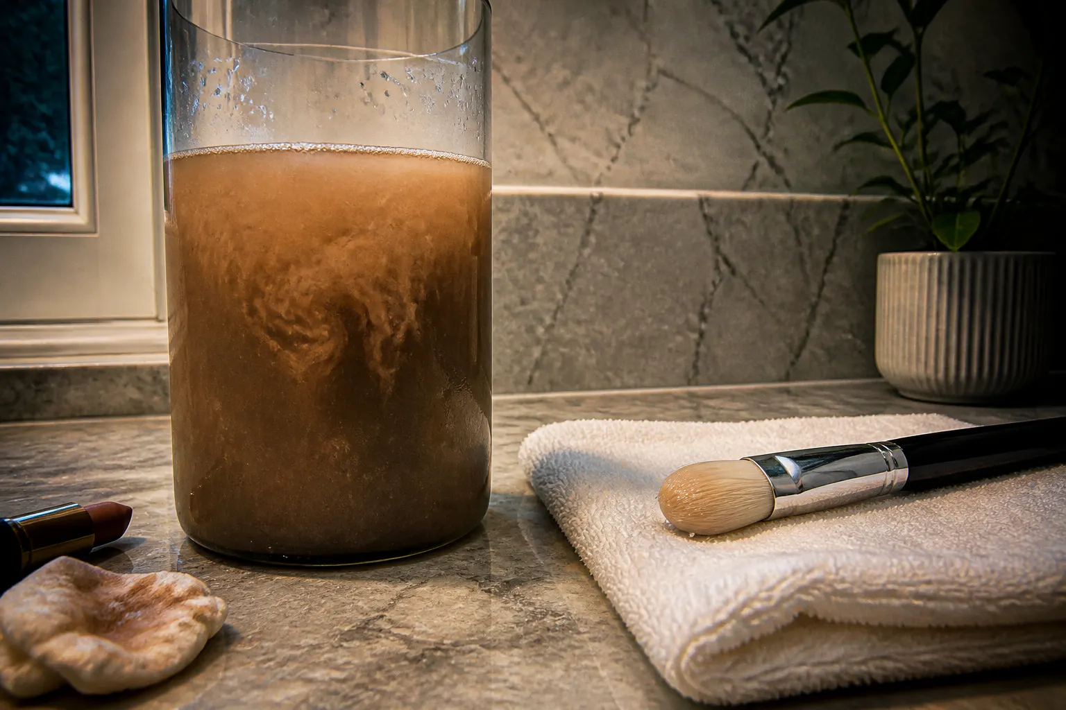 Cloudy brown water in the reservoir beside a clean brush