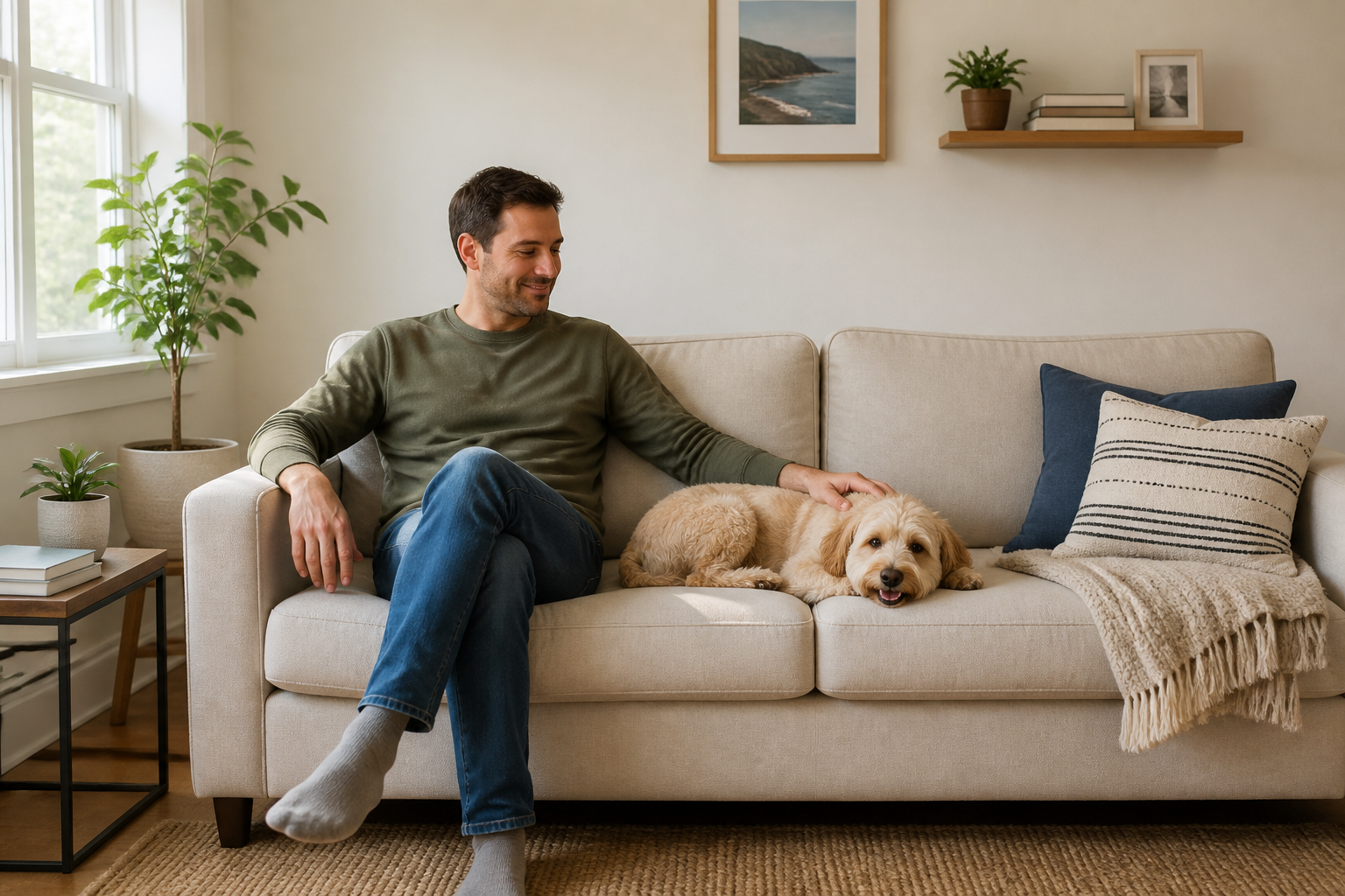 Relaxed pet parent with a happy dog on a clean, fur-free couch