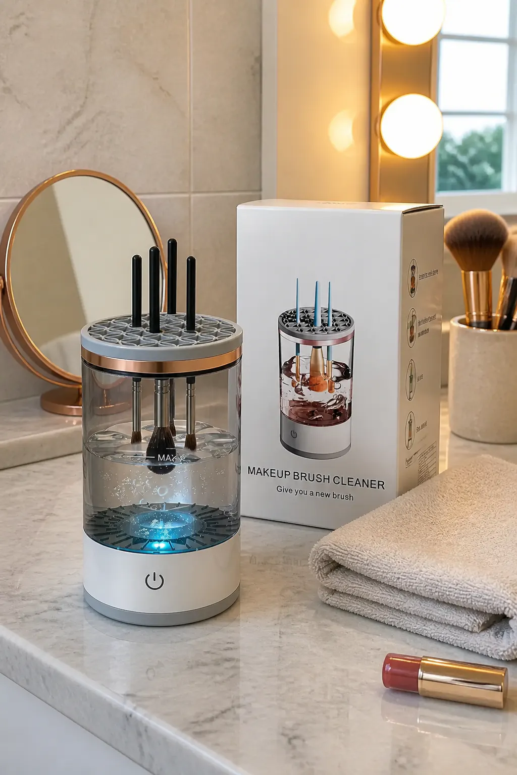 Rose-gold makeup brush cleaner styled on a vanity