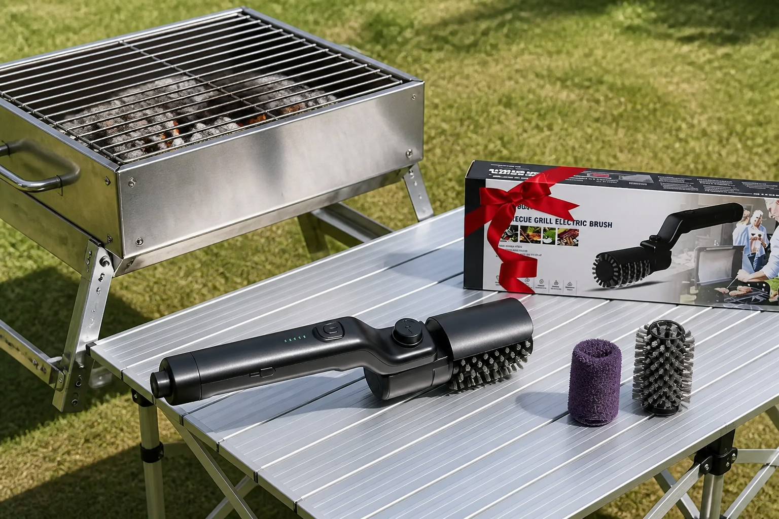 Electric grill brush pressing hard through heavy caked-on grease