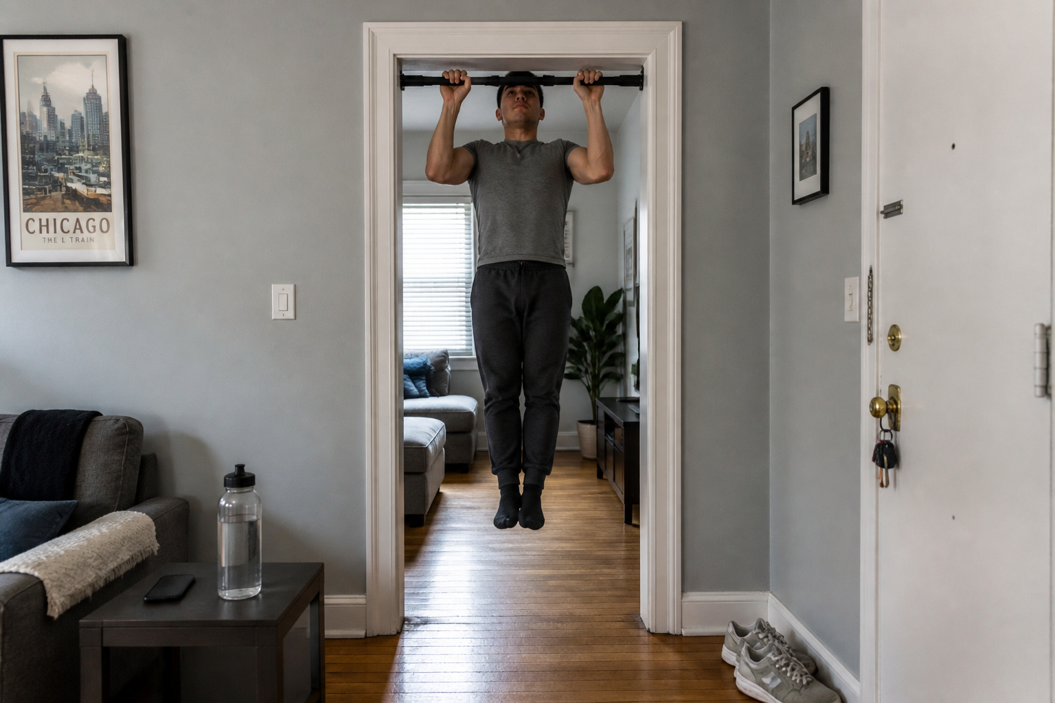 The Doorway Pull-Up Bar mounted in a home doorway as part of daily life