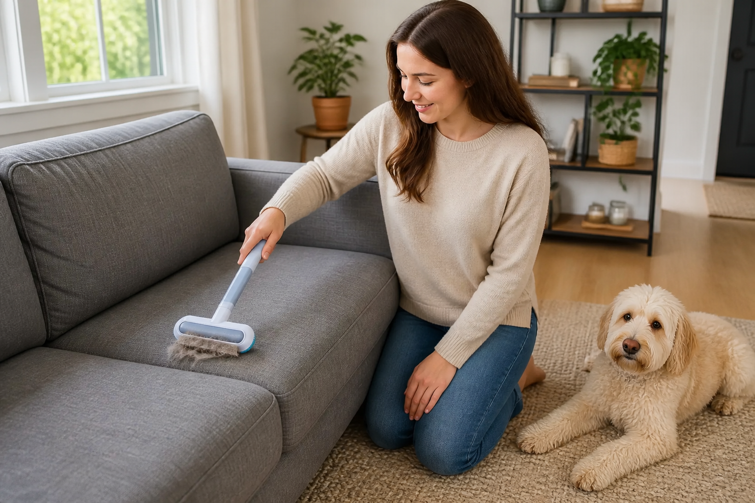 Pet parent using the telescopic pet hair brush on the stairs