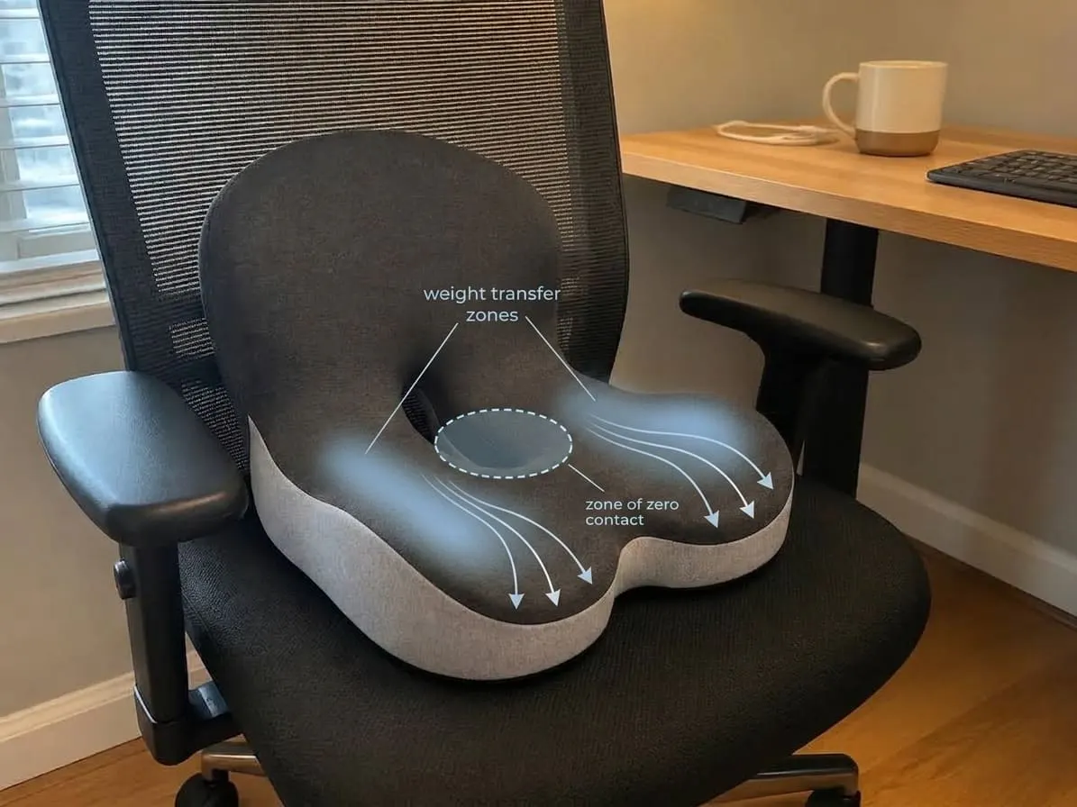 Annotated macro of the cushion showing the coccyx cutout and integrated lumbar panel