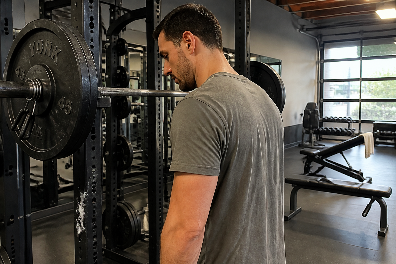Focused lifter mid-session with the bag docked on the rack, floor clear