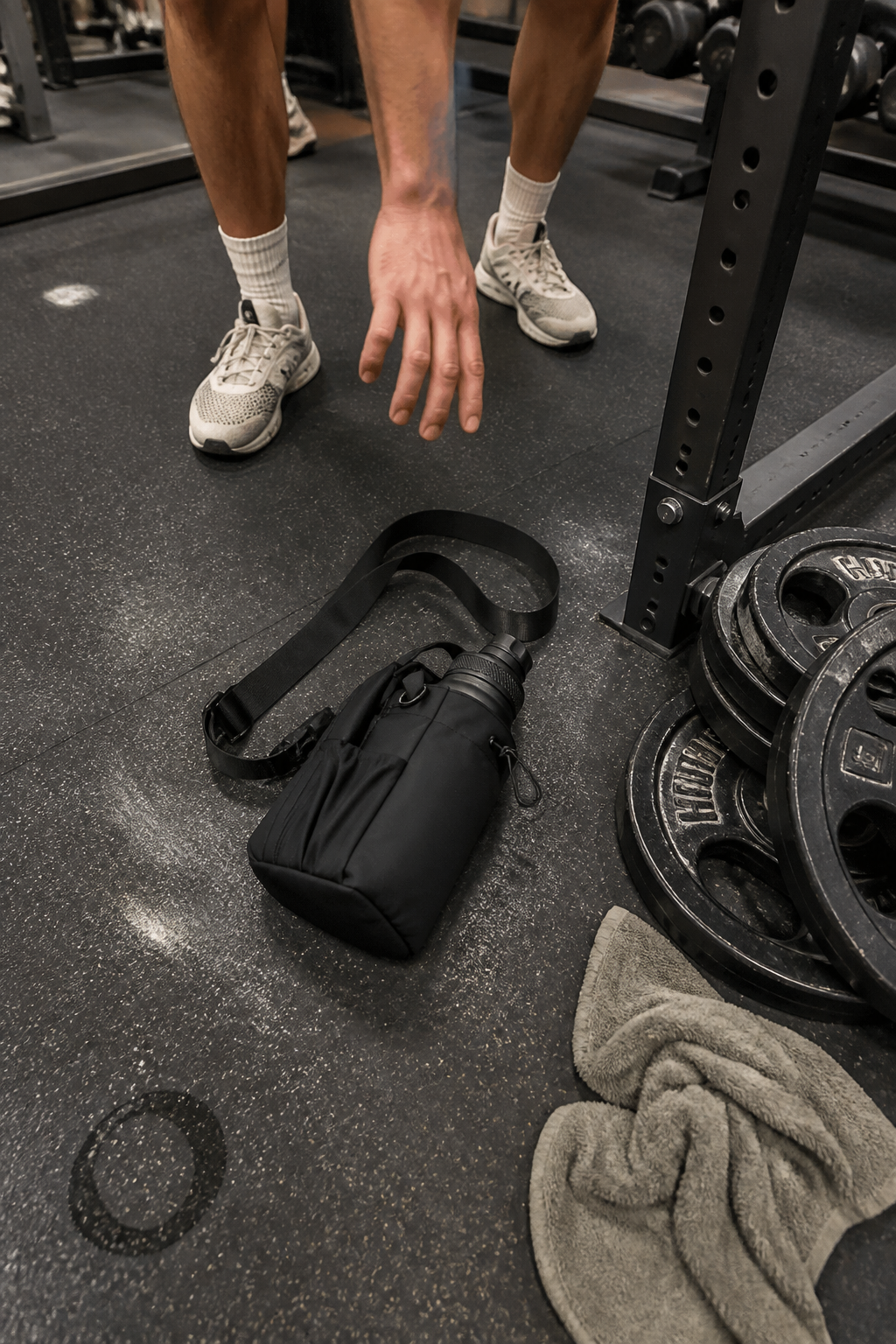 A gym duffel dumped on a sweaty gym floor