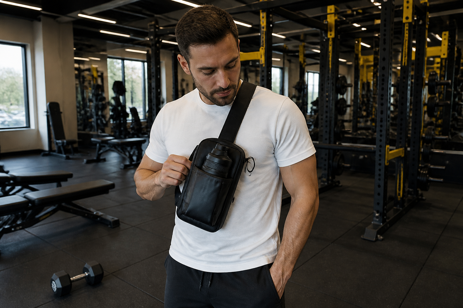 Lifter wearing the IronGrip sling cross-body