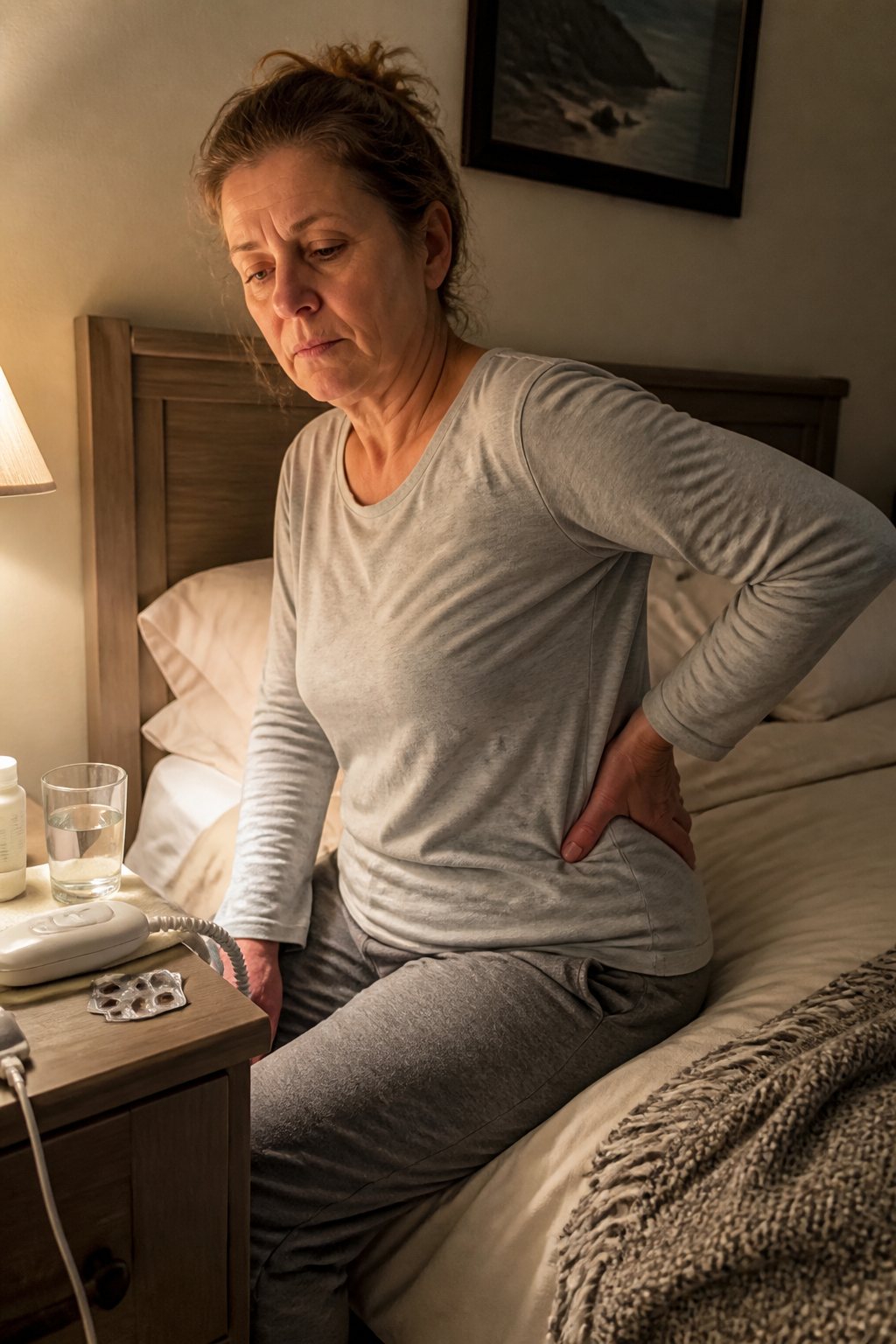 Person at home reaching for a heating pad with lingering back discomfort