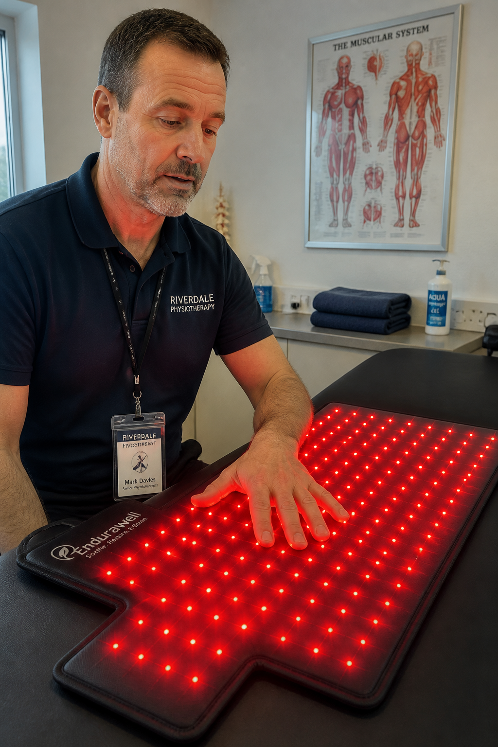 Recovery specialist presenting the red light therapy mat in a clinic setting