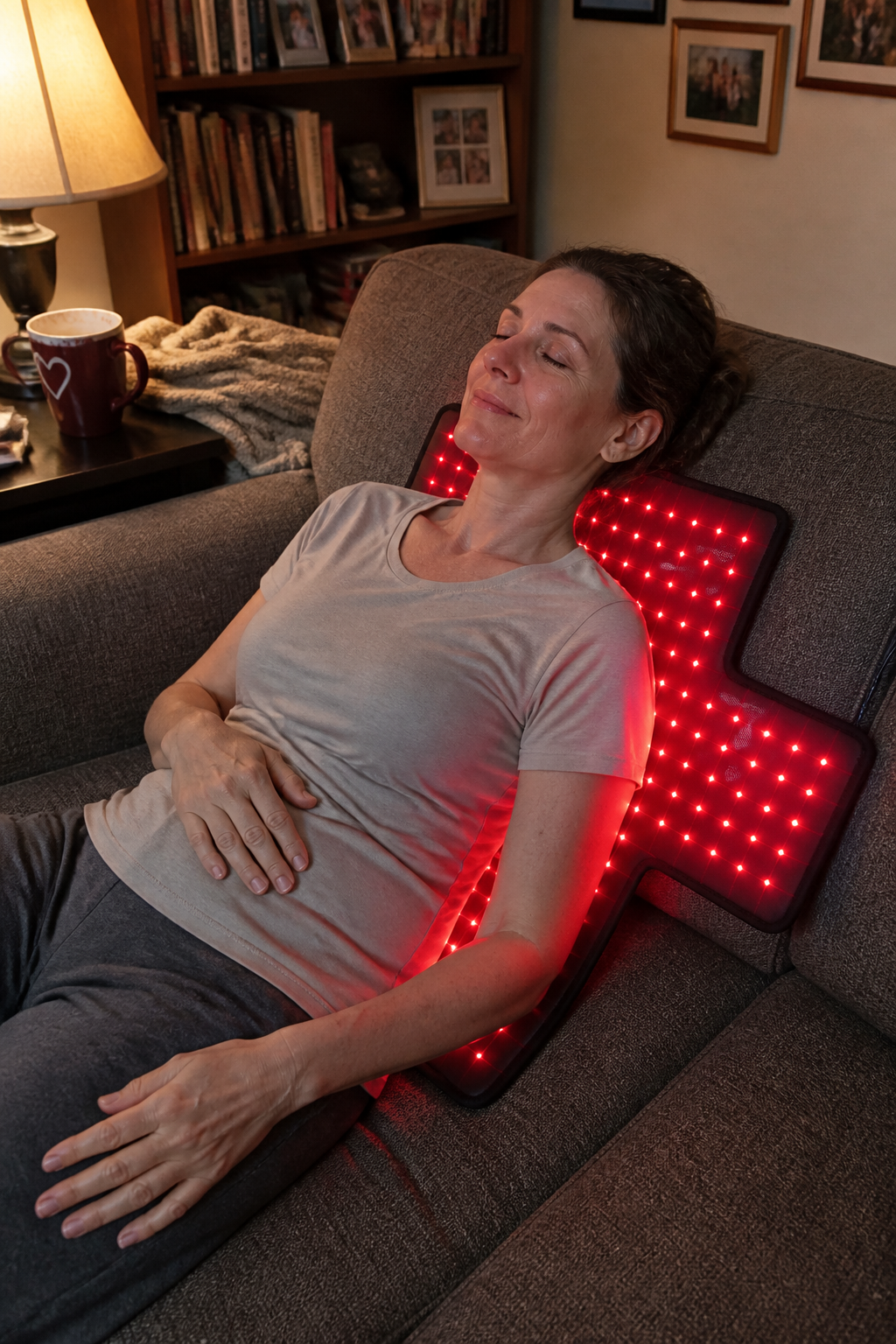 Endurawell customer relaxed and active at home after using the red light mat