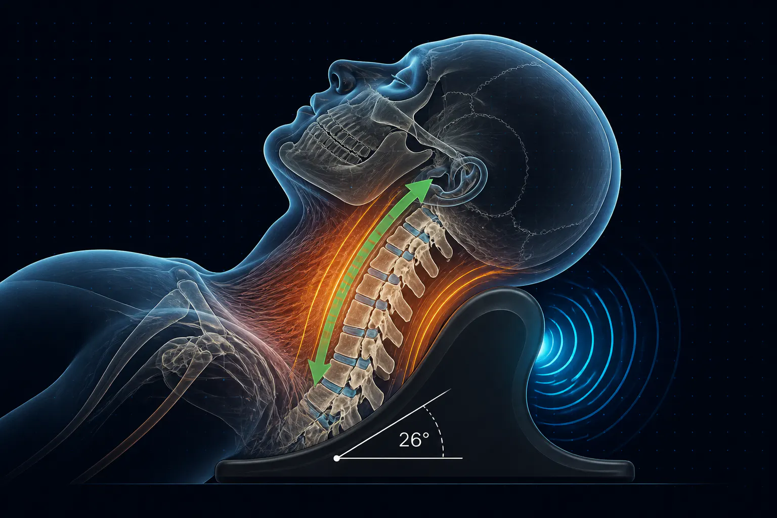 Cutaway of the 26-degree neck cradle showing heat, vibration and traction zones