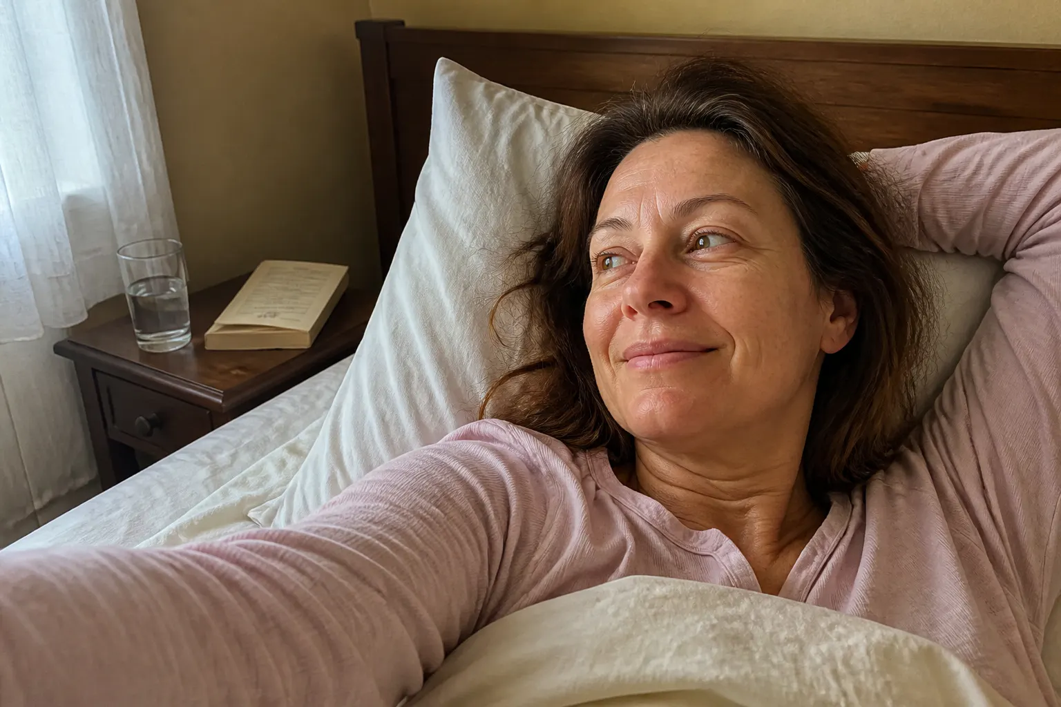 Person resting in a warm softly lit bedroom
