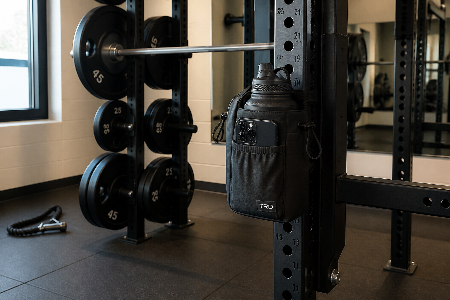 IronGrip magnetic gym bag snapped to a steel squat rack, off the floor