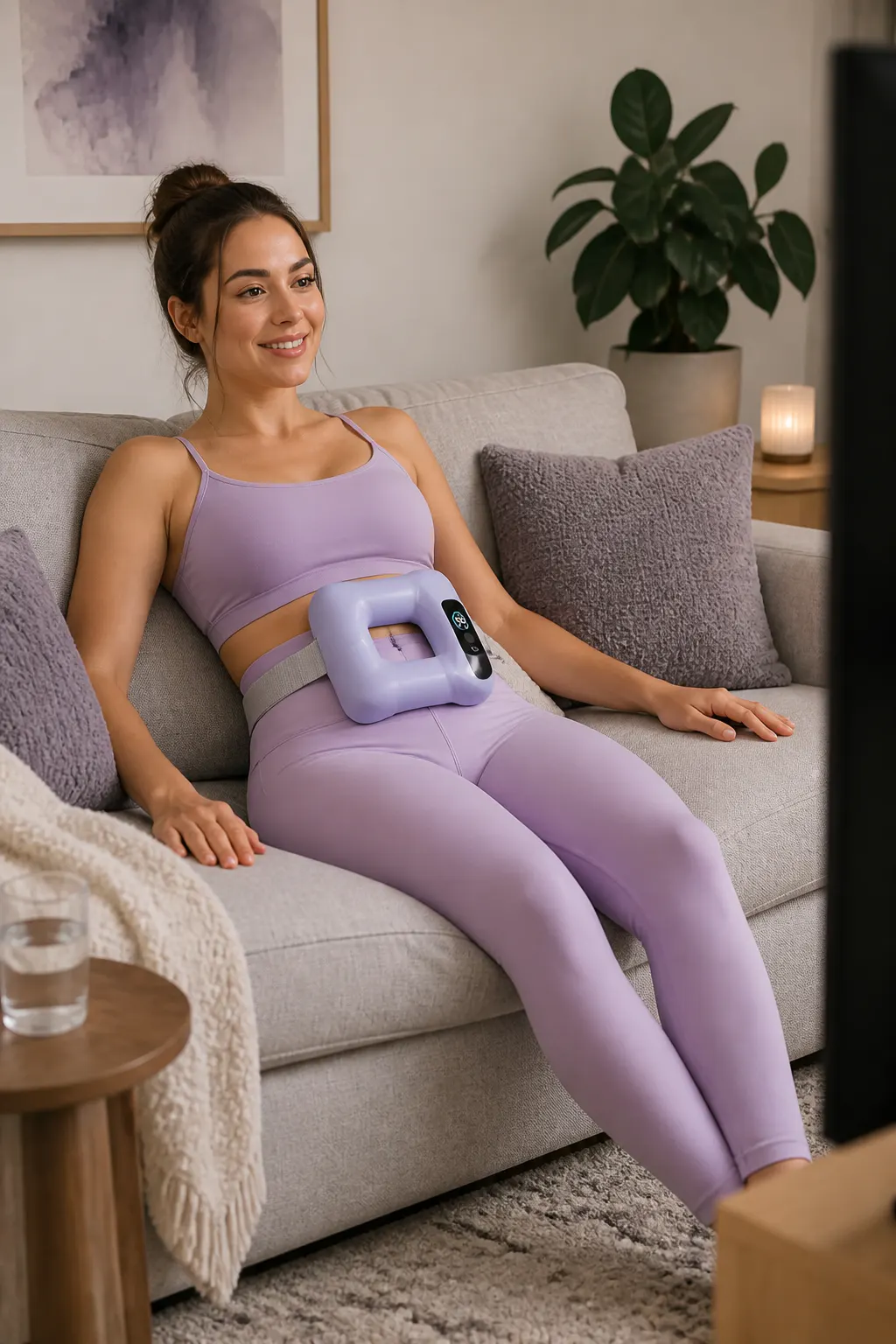 Relaxed woman on her couch with the massager strapped to her waist, watching TV