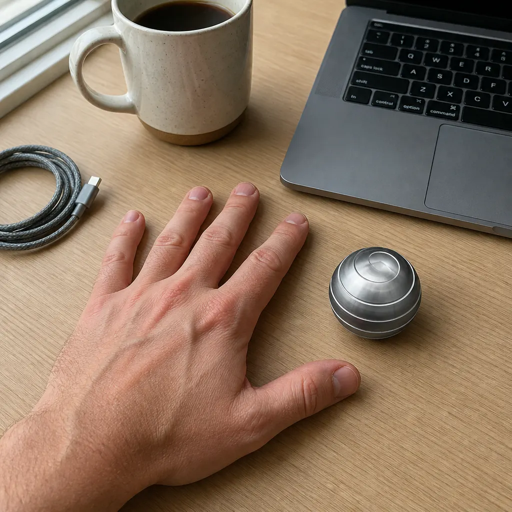 The sphere in a palm showing its honest 1.8 inch size