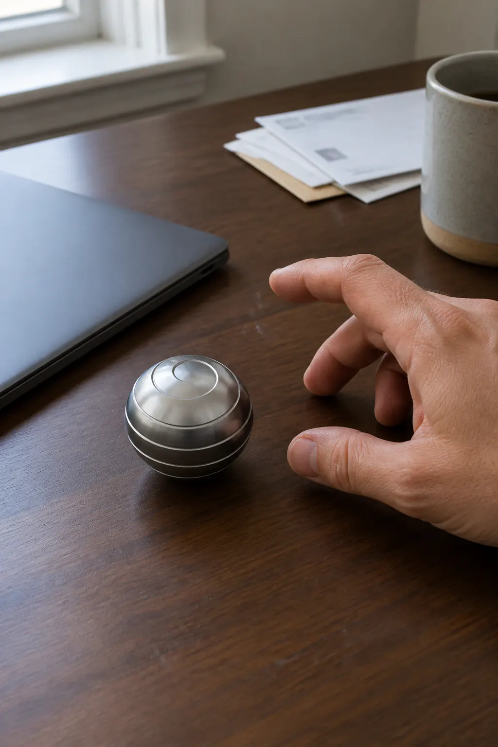 Machined aluminum spinning sphere held in a hand on a curated desk