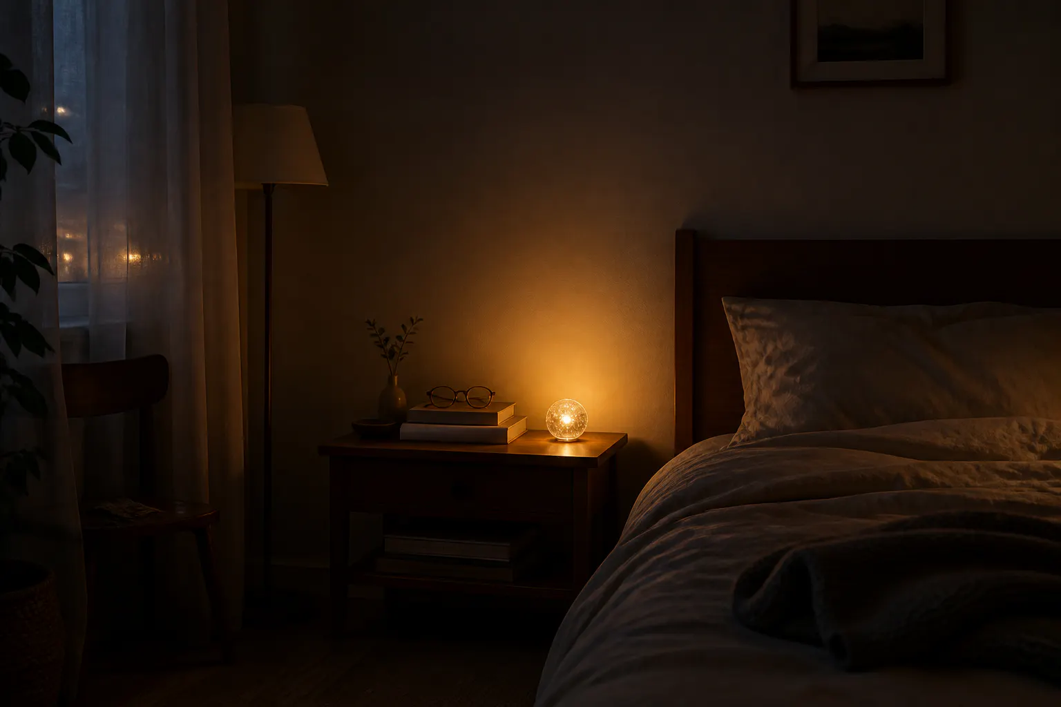 The crystal ball glowing warm in a dim room