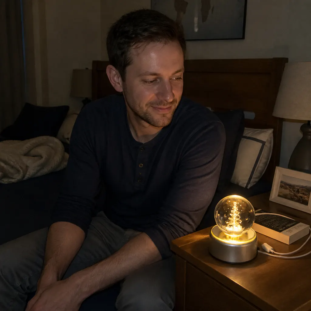 Same room lit only by the warm crystal glow