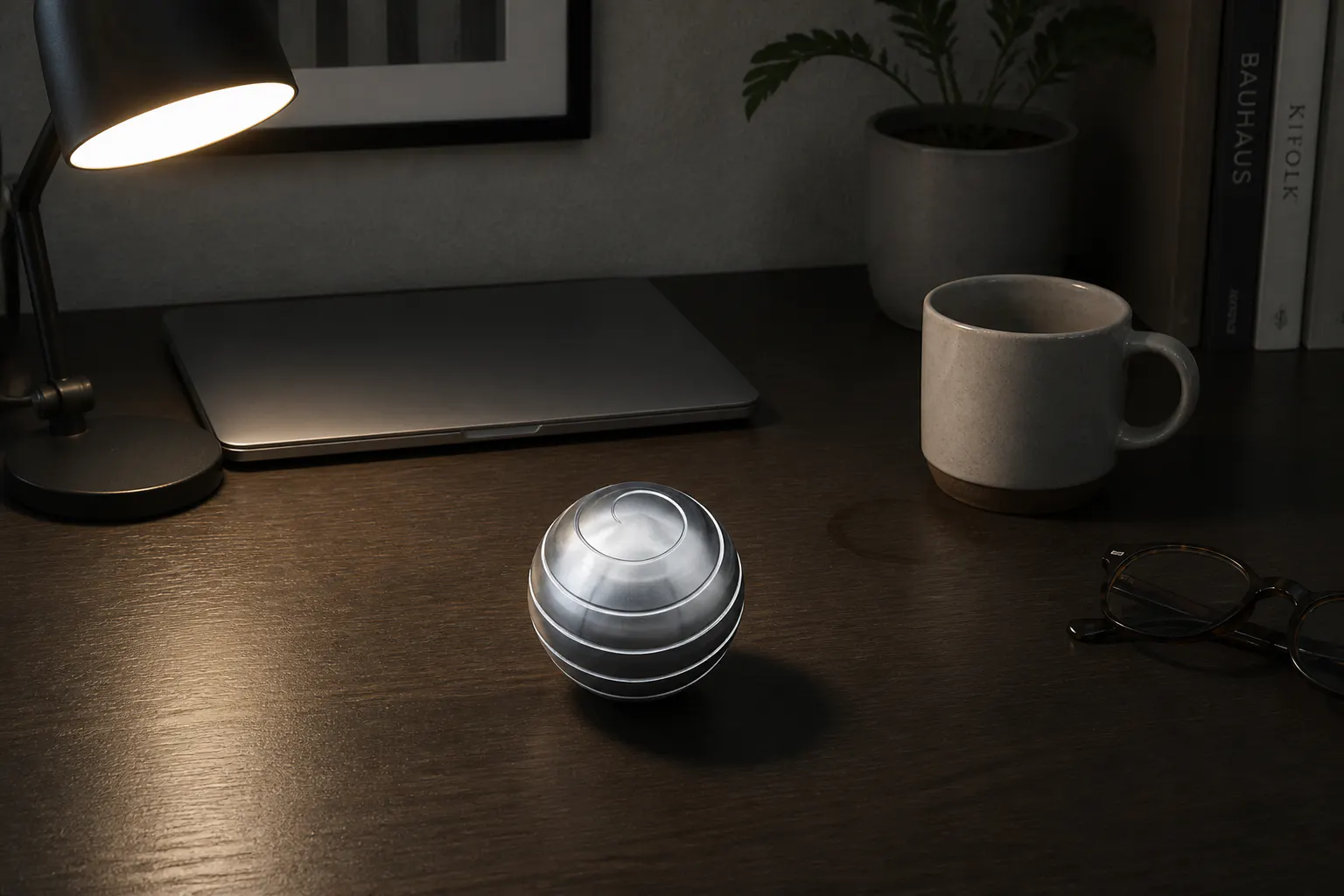 The aluminum sphere on a curated desk in warm light