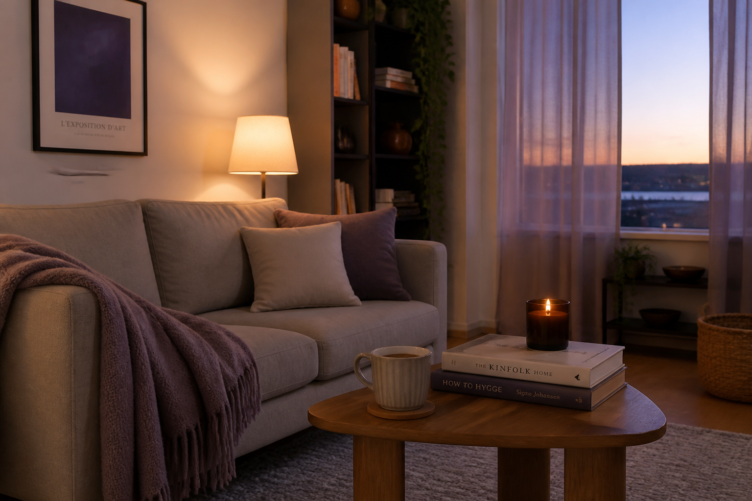 Warmly lit evening, a relaxed woman on her couch with the massager on, unwinding