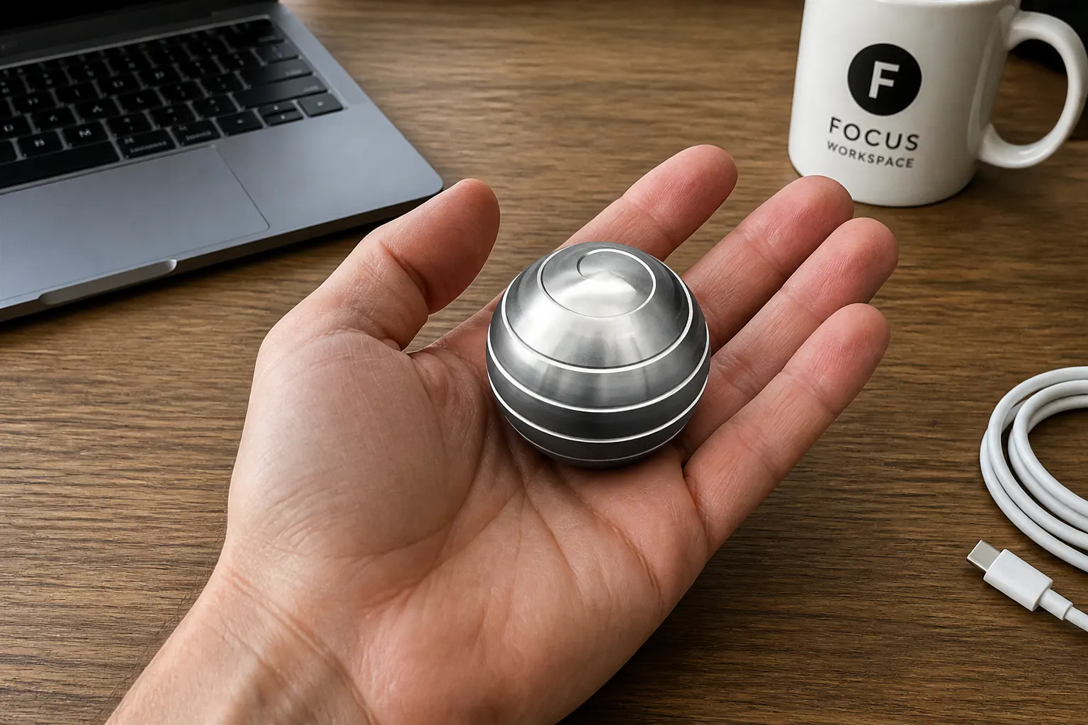 Solid aluminum sphere held in a hand