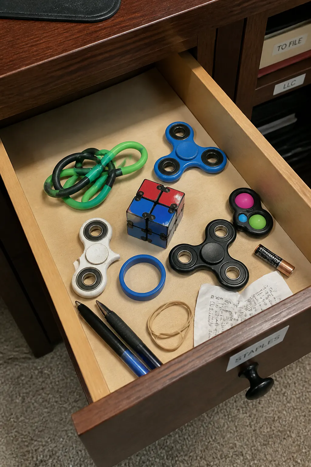 A drawer of broken cheap desk fidgets