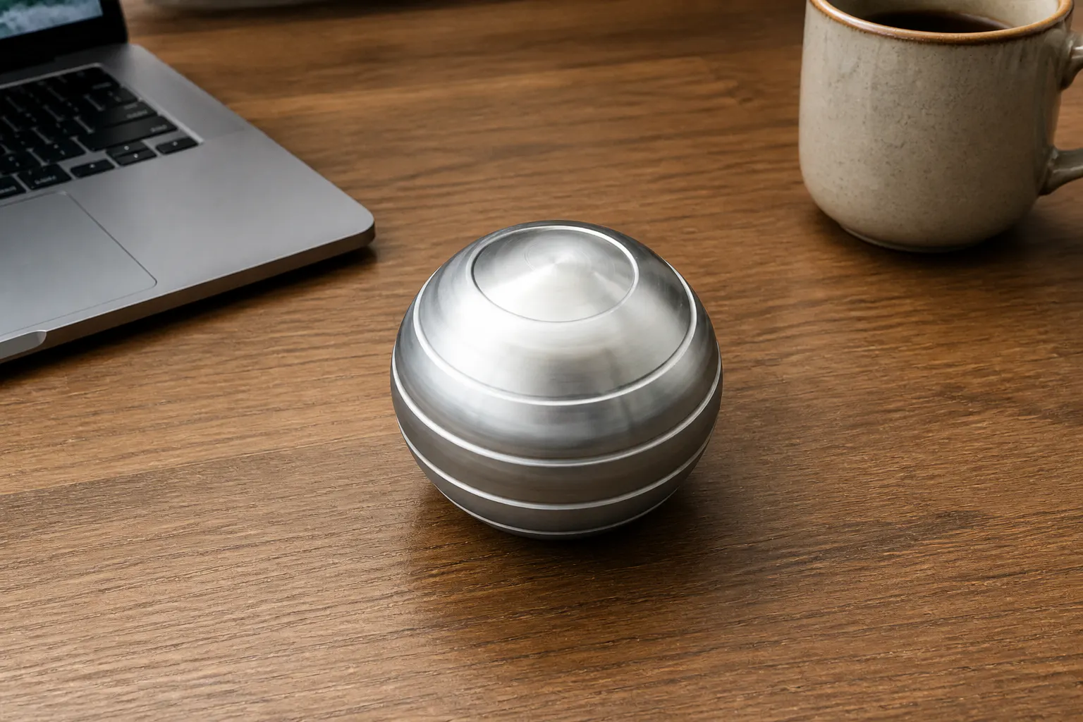 The spinning sphere mid-spin, grooved rings flowing into an optical illusion