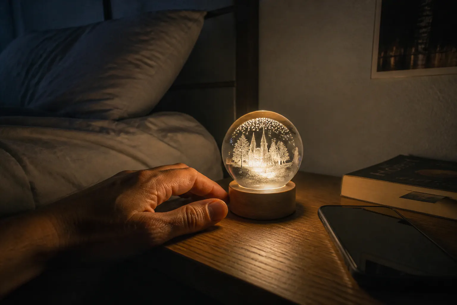 Hands cradling the glowing crystal ball in a dim room
