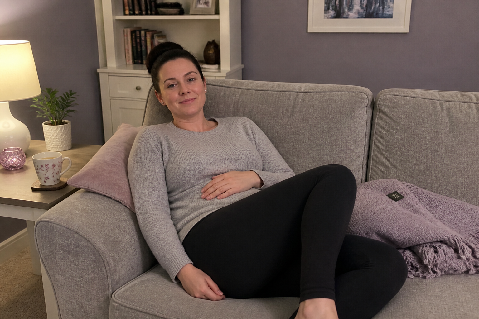 A relaxed woman smiling on her couch, the massager on, unwinding in the evening