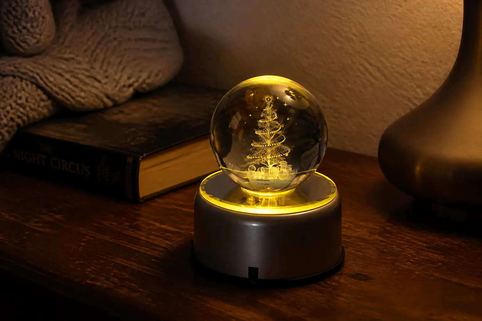 3D Moon Crystal Ball glowing warm on a nightstand in a dim bedroom