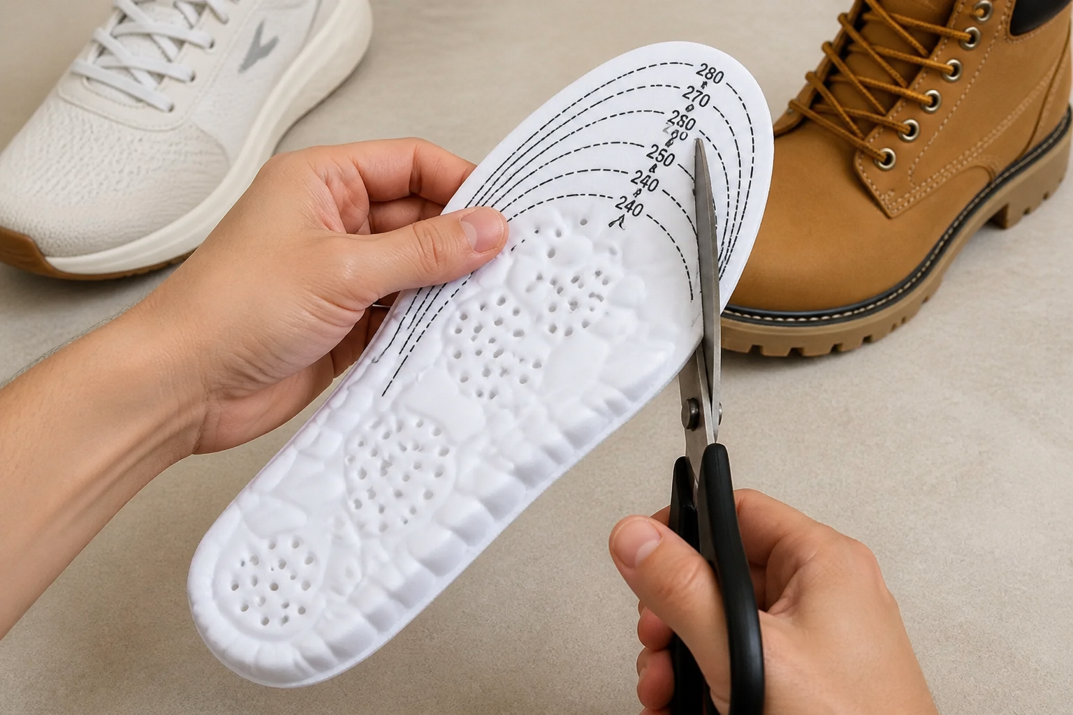 Insole being trimmed along printed size guides
