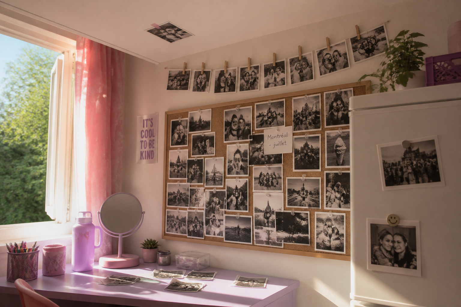 A young woman in a sunlit apartment surrounded by walls of printed photos